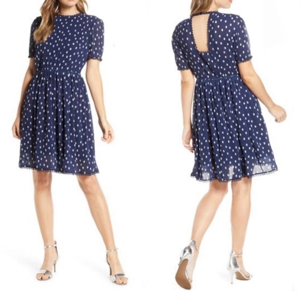 NWT 1901 Polka Dot Chiffon Navy Blue Dress S SP